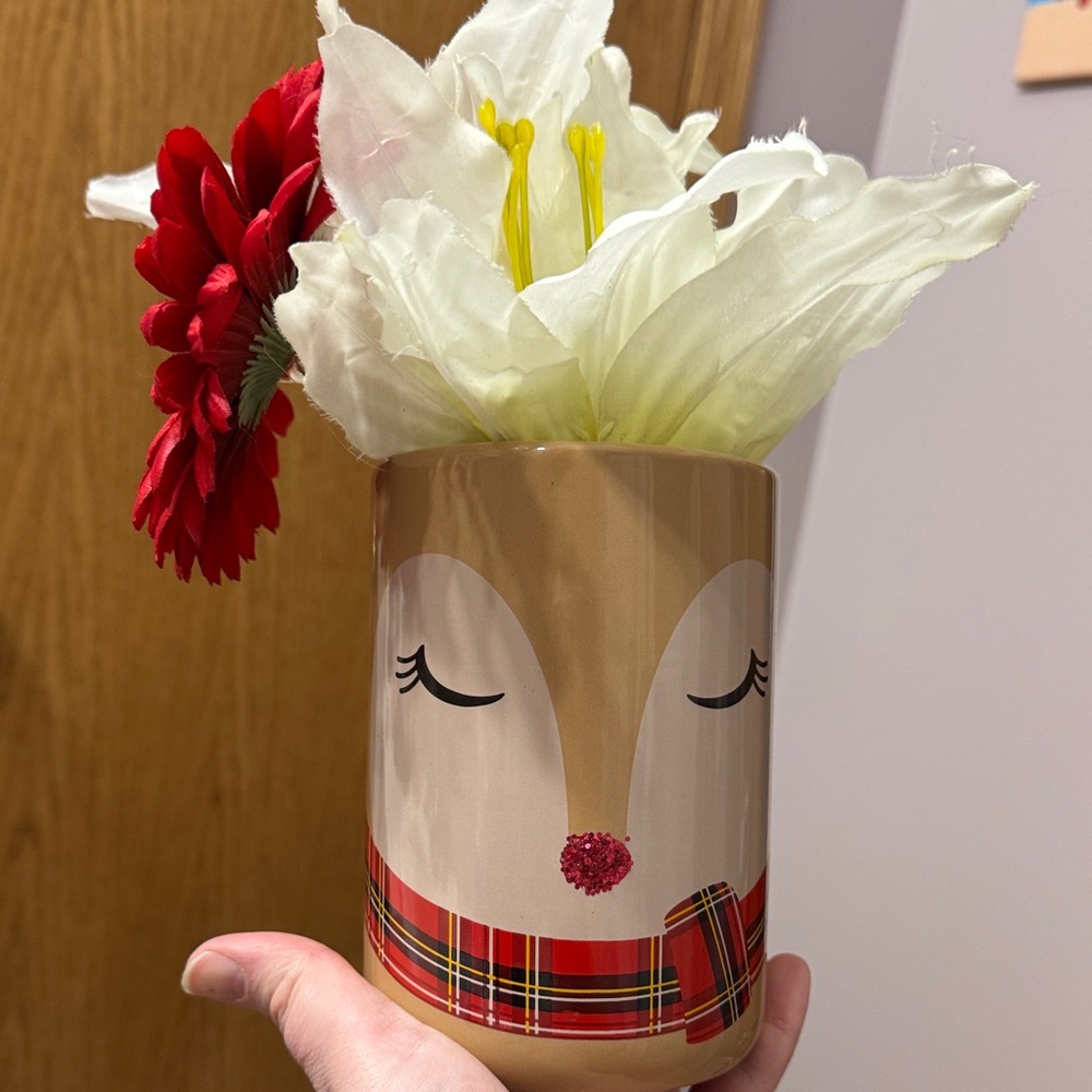 Plaid Reindeer vase with faux Flowers